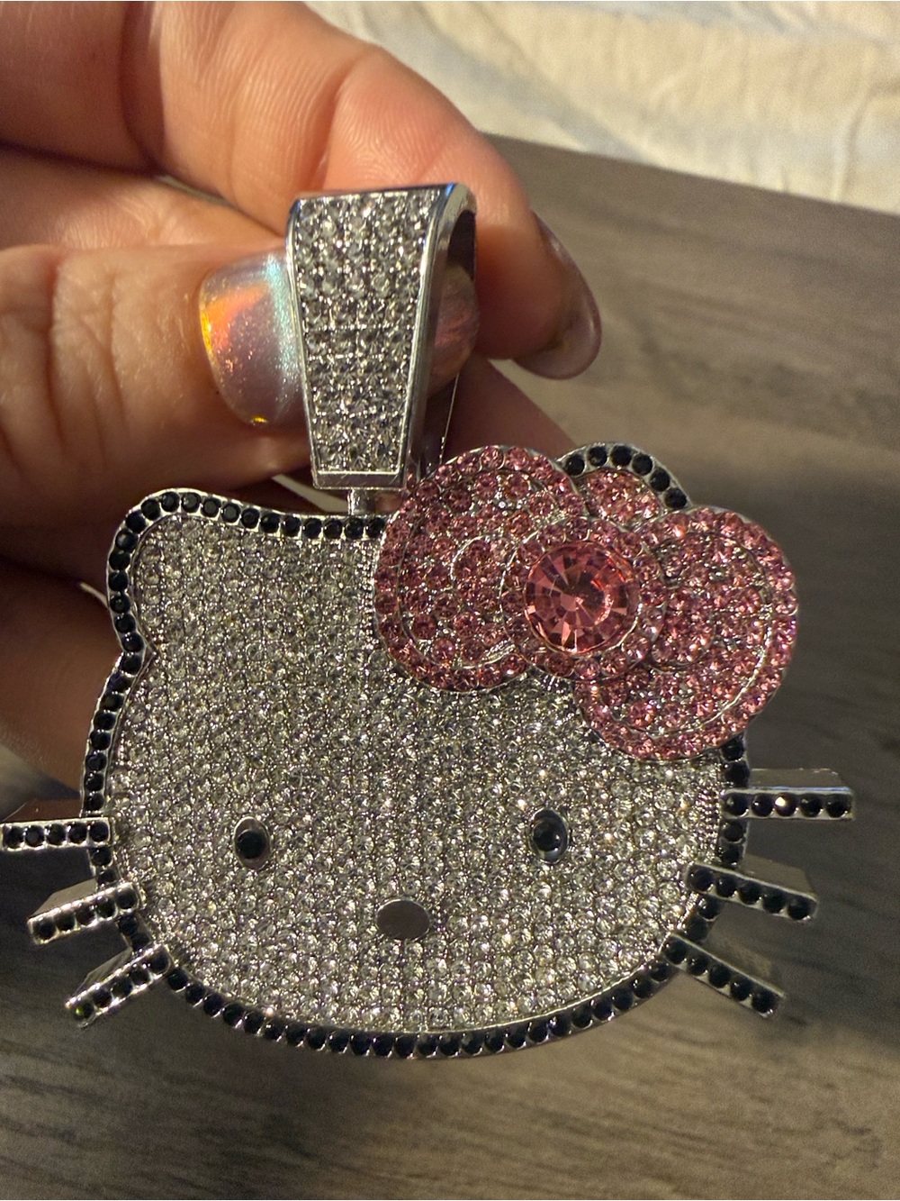 14K Gold Finish Iced Out Cute Hello Kitty With Pink Bow Cartoon Pendant Charm